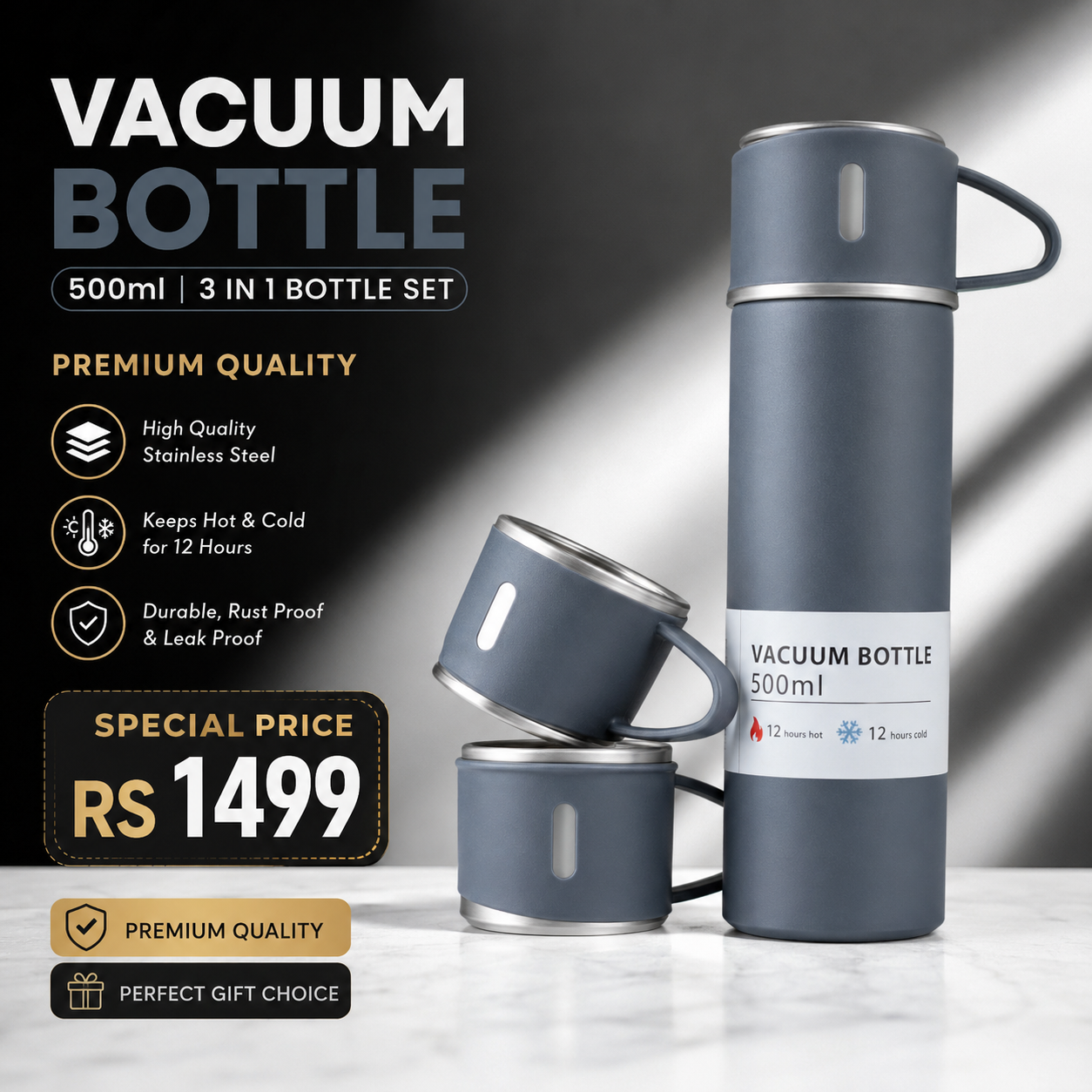 3 Cup Double-Layer Stainless Steel Vacuum Flask Set